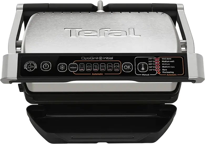Электрический гриль Tefal OptiGrill Initial GC706D34 2000Вт, 6 автоматических программ, 5 уровней прожарки, съемные антипригарные панели, черный серебристый