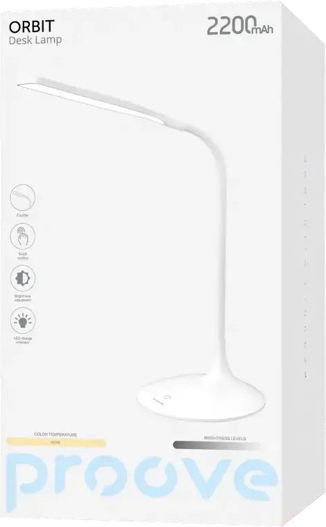 Lampa de birou LED Proove Orbit, 24 LED-uri, 200 lm, 4000K Alb Neutru, 7W, Baterie 2200mAh, Reincarcabila USB Type-C, Dimare Tactila, Gat Flexibil, Alb