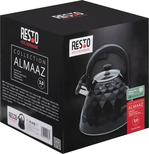Ceainic pentru aragaz RESTO 90610 Almaaz, 3L, Inox, Capac Glass, Maner Bakelite, Compatibil Inductie, Negru
