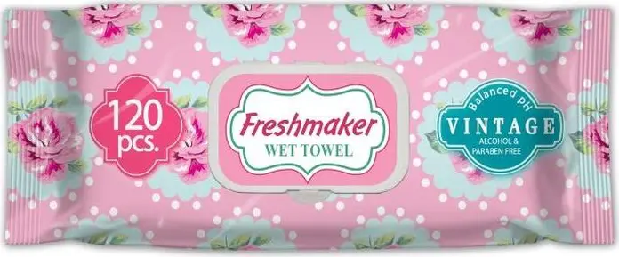 Șervețele Umede Freshmaker Vintage, 120 bucăți, Fără Alcool și Parabeni, pH Echilibrat, cu Capac de Plastic, pentru Mâini, Față și Corp