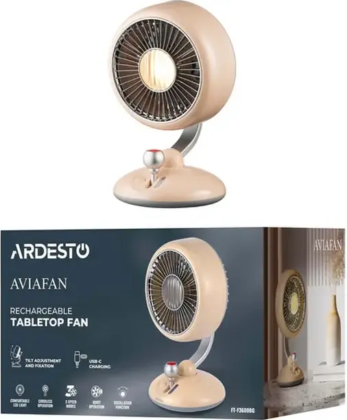 Ardesto AviaFan FT-F3600BG Rechargeable Desktop Fan, 3600mAh Li-ion Battery, 3 Speed Levels, Horizontal Oscillation, LED Backlight, Beige