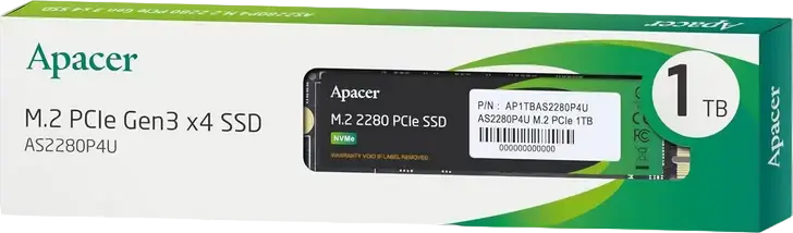 SSD Apacer AS2280P4U 1ТБ M.2 2280 NVMe PCIe Gen3 x4, 3D TLC, скорость чтения до 3500МБ/с, записи до 3000МБ/с, ресурс 760 TBW