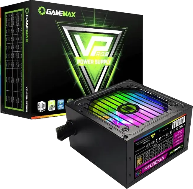 Gamemax VP-800 800W Power Supply, 80 Plus Bronze Efficiency, ATX 12V 2.31, RGB LED Lighting, 120mm Hydraulic Fan, Non-Modular PSU