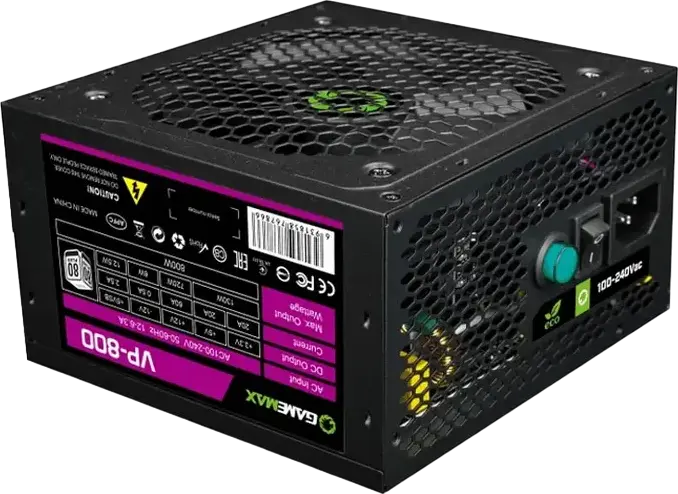 Gamemax VP-800 800W Power Supply, 80 Plus Bronze Efficiency, ATX 12V 2.31, RGB LED Lighting, 120mm Hydraulic Fan, Non-Modular PSU