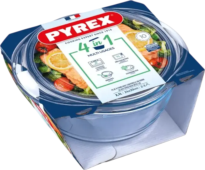 Vas pentru cuptor rotund Pyrex 204A000 Essentials 4-in-1 cu capac, sticla borosilicata ultra-intarita, 2.1 L, transparent, fabricat in Franta