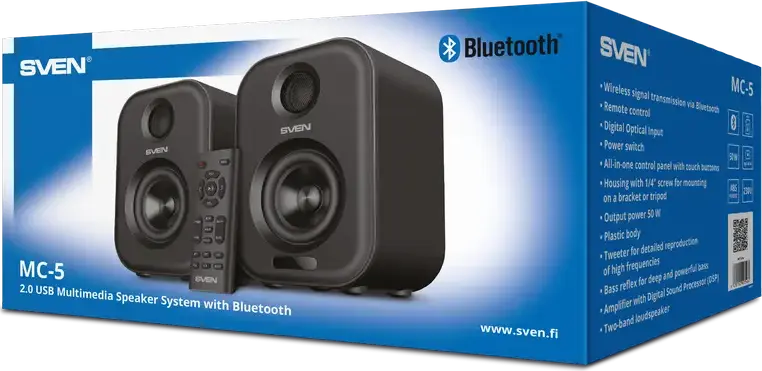 SVEN MC-5 2.0 Multimedia Speaker System, Grey, 50W Total Power, Bluetooth, Optical Digital Input, USB Player, Touch Panel, Remote Control, 1/4" Mount