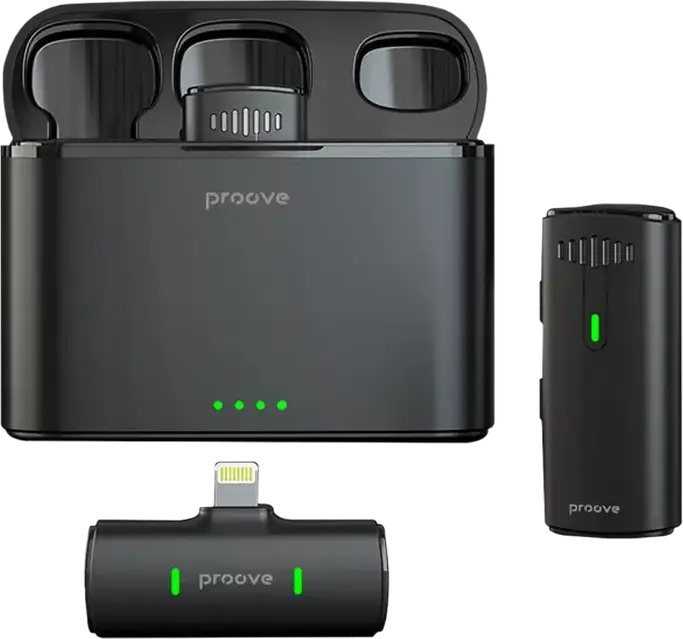 Proove Demo Lightning Wireless Lavalier Microphone Set, Omnidirectional Condenser, Noise Reduction, 20m Range, Lightning Connector for iOS, Black