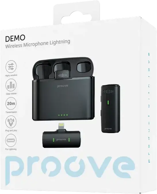 Proove Demo Lightning Wireless Lavalier Microphone Set, Omnidirectional Condenser, Noise Reduction, 20m Range, Lightning Connector for iOS, Black