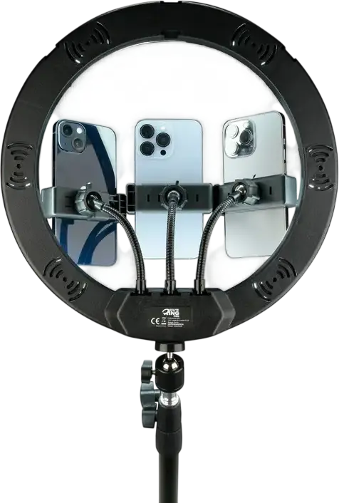 Cellularline Selfie Ring Trio Universal LED Ring Light 13 inch with Tripod, 3 Lighting Modes, Adjustable Brightness, 3 Rotatable Phone Holders, Black