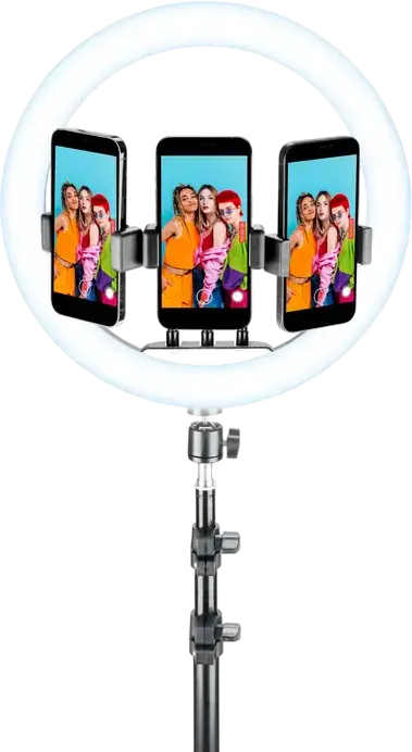 Cellularline Selfie Ring Trio Universal LED Ring Light 13 inch with Tripod, 3 Lighting Modes, Adjustable Brightness, 3 Rotatable Phone Holders, Black