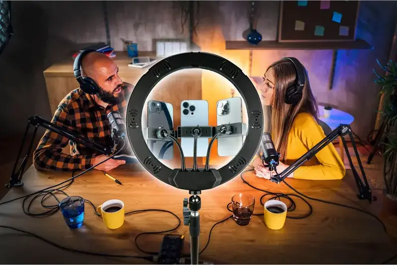 Cellularline Selfie Ring Trio Universal LED Ring Light 13 inch with Tripod, 3 Lighting Modes, Adjustable Brightness, 3 Rotatable Phone Holders, Black