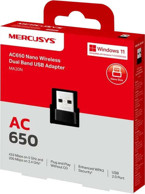 Mercusys MA30N AC1300 Nano Wireless Dual Band USB Adapter, 867Mbps 5GHz + 400Mbps 2.4GHz, MU-MIMO, WPA3 Security, USB 2.0, Windows 11/10 Support
