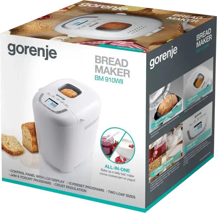 Gorenje BM910WII Bread Maker, 550W, 15 Programs including Gluten Free and Yoghurt, 900g Capacity, LCD Display, Delayed Start, White