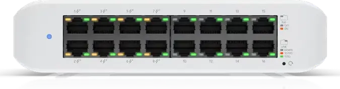 Ubiquiti UniFi USW-Lite-16-POE Layer 2 PoE Switch, 16x 1GbE RJ45 Ports, 8x PoE+ (802.3af/at), 45W Total PoE Budget, Fanless Compact Design