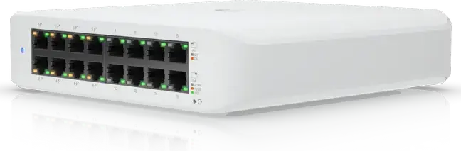 Ubiquiti UniFi USW-Lite-16-POE Layer 2 PoE Switch, 16x 1GbE RJ45 Ports, 8x PoE+ (802.3af/at), 45W Total PoE Budget, Fanless Compact Design