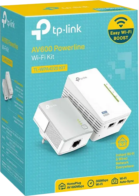 Set de 2 adaptoare TP-Link TL-WPA4220 KIT AV600 Wi-Fi Powerline, 600 Mbps Powerline, 300 Mbps Wi-Fi 2.4 GHz, 2 porturi Ethernet, Alb
