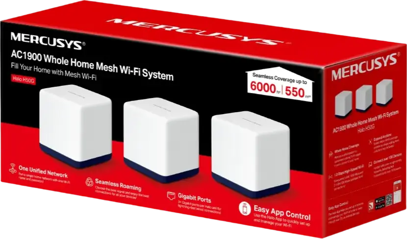 Mercusys Halo H50G AC1900 Whole Home Mesh Wi-Fi System, 1.9 Gbps Dual-Band Gigabit, Coverage up to 550m2, MU-MIMO, Beamforming, Seamless Roaming, White
