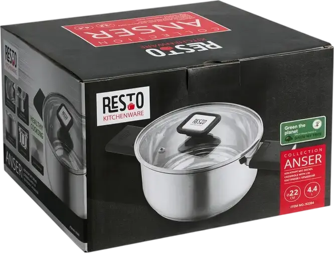 Resto Anser 92204 Stainless Steel Casserole Pot, 4.4L Volume, 22cm Diameter, Glass Lid, Bakelite Handles, Grey