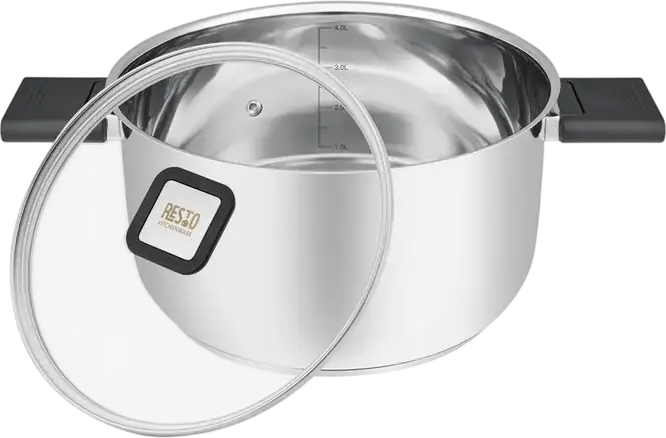 Resto Anser 92204 Stainless Steel Casserole Pot, 4.4L Volume, 22cm Diameter, Glass Lid, Bakelite Handles, Grey