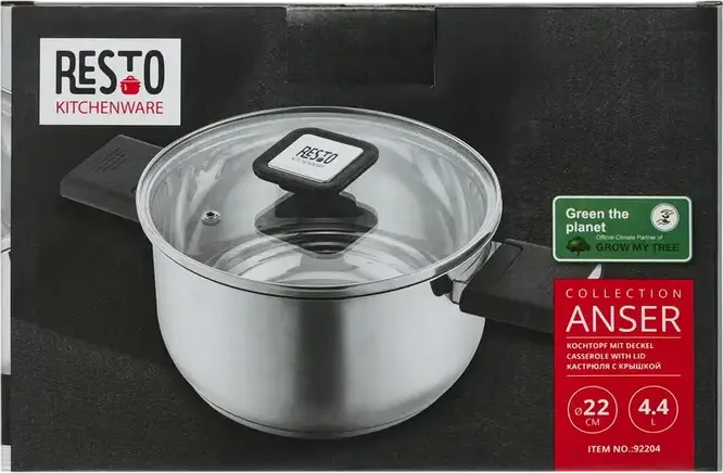 Resto Anser 92204 Stainless Steel Casserole Pot, 4.4L Volume, 22cm Diameter, Glass Lid, Bakelite Handles, Grey