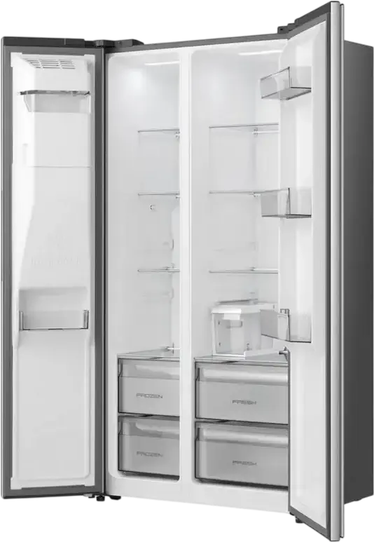 Hisense RS5P528STIE Side-by-Side Refrigerator, 528L Total Capacity, Total No Frost, Water and Ice Dispenser, Inverter Technology, Grey Stainless Steel