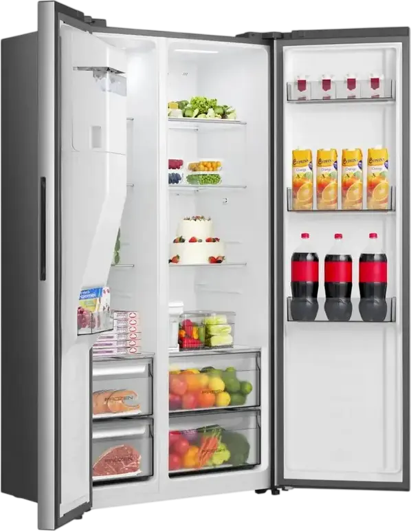 Hisense RS5P528STIE Side-by-Side Refrigerator, 528L Total Capacity, Total No Frost, Water and Ice Dispenser, Inverter Technology, Grey Stainless Steel