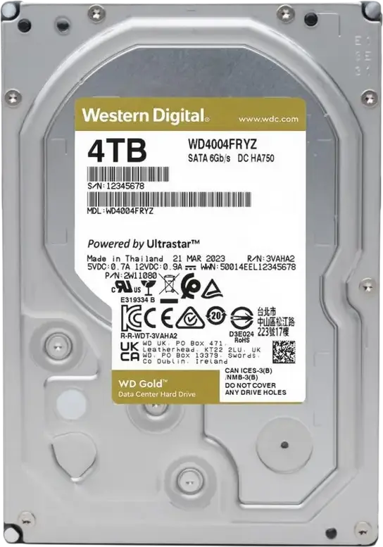 Western Digital WD Gold 4TB HDD Intern WD4004FRYZ 3.5 inch SATA 6Gb/s 7200 RPM Cache 256MB CMR Disk Enterprise HelioSeal OptiNAND