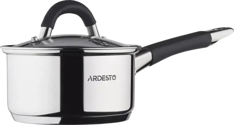Ardesto AR1918SS Gemini Salerno Stainless Steel Saucepan 1.6L, 16cm Diameter, Induction Compatible, Glass Lid with Steam Vent, Gray Silicone Handle