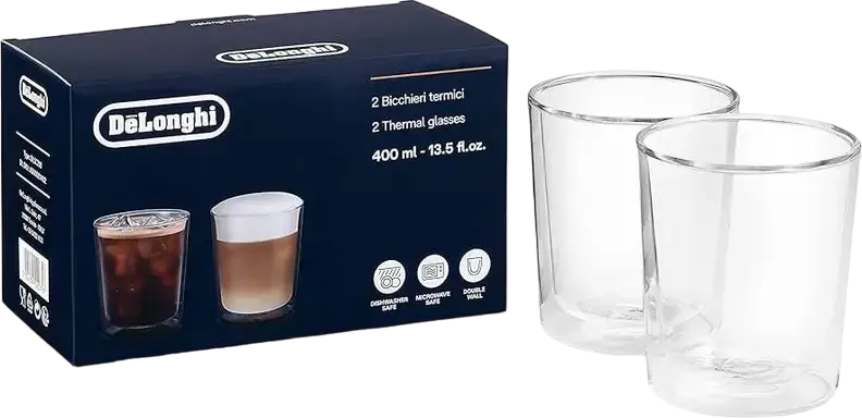 DeLonghi DLSC318 Double Wall Thermal Glasses Set, 400ml Borosilicate Glass, Hand-Blown Transparent Cups for Hot and Cold Drinks, Dishwasher Safe