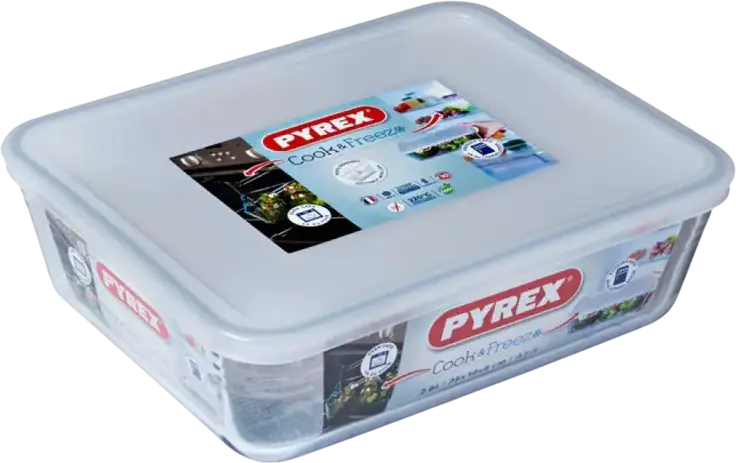Стеклянная прямоугольная форма для запекания Pyrex 243P000 Cook&Freez с пластиковой крышкой, 2.8 л, 25x18x6 см, термостойкая, Набор из 2 предметов