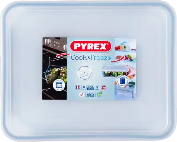 Стеклянная прямоугольная форма для запекания Pyrex 243P000 Cook&Freez с пластиковой крышкой, 2.8 л, 25x18x6 см, термостойкая, Набор из 2 предметов