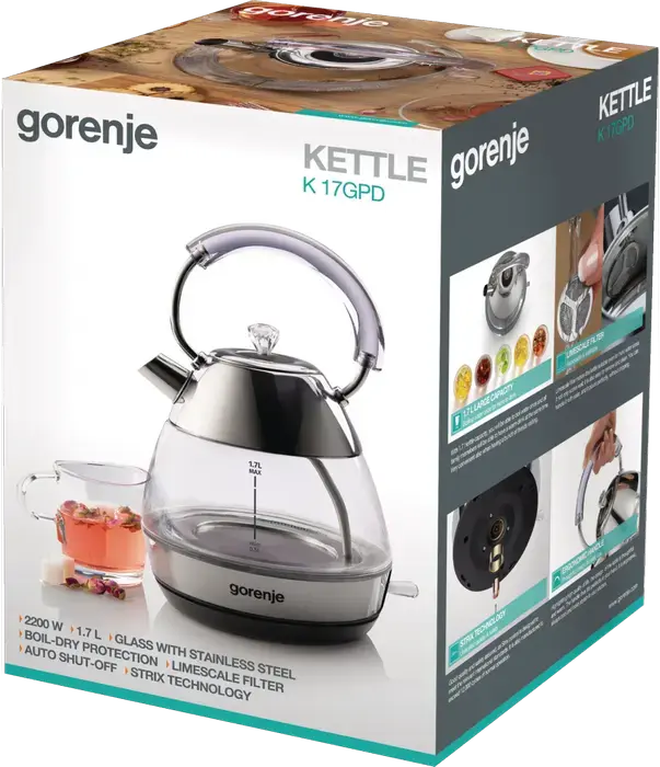 Fierbător electric Gorenje K17GPD, Capacitate 1.7L, Putere 2200W, Corp din Sticlă și Oțel Inoxidabil, Tehnologie Strix, Timer, Infuzor, Protecție Fierbere Secată