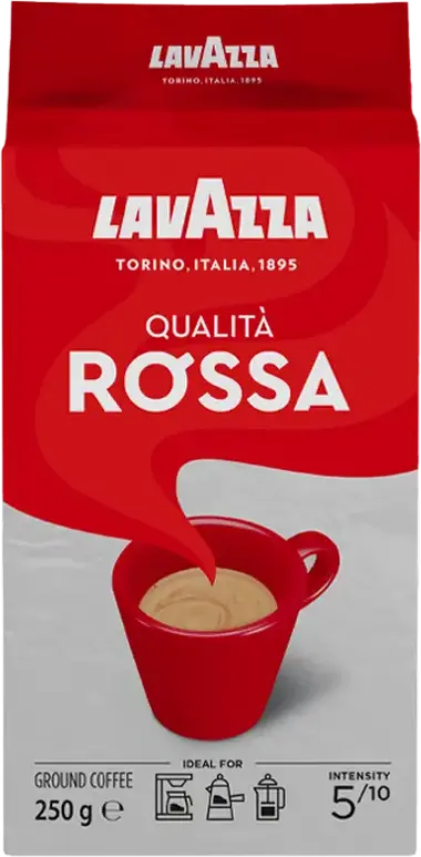 Cafea Macinată Lavazza Qualità Rossa, 250g - Blend Arabica și Robusta, Prăjire Medie, Aromă Bogată cu Note de Ciocolată, Ideală pentru Moka Pot