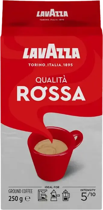 Cafea Macinată Lavazza Qualità Rossa, 250g - Blend Arabica și Robusta, Prăjire Medie, Aromă Bogată cu Note de Ciocolată, Ideală pentru Moka Pot