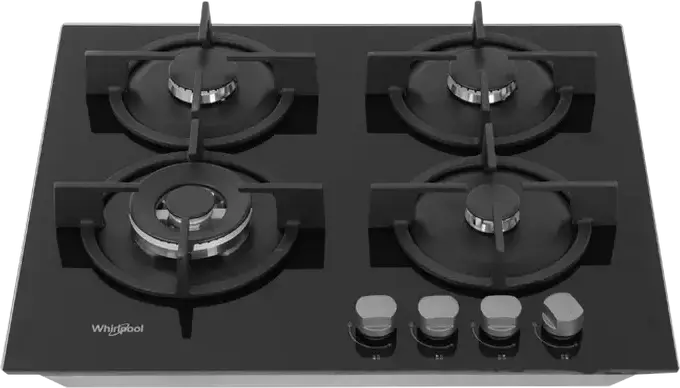 Встраиваемая газовая панель Whirlpool GOR 625/NB1, 4 конфорки, закаленное стекло, чугунные решетки, горелка Double Crown, черная, 59 см