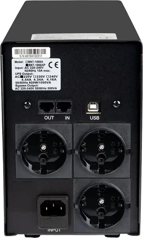 Powercom BNT-1200AP Black Knight Pro Line-Interactive UPS 1200VA/720W Tower, 3 x Schuko Outlets, USB Interface, RJ11 Telephone Protection, Black