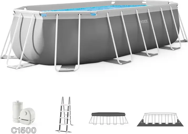 Intex Prism Frame 26796 Oval Above-Ground Pool, 503x274x122 cm, 13365L, PVC with Galvanized Steel Frame, Light Grey, Set of 5 including Filter Pump, Ladder, Cover
