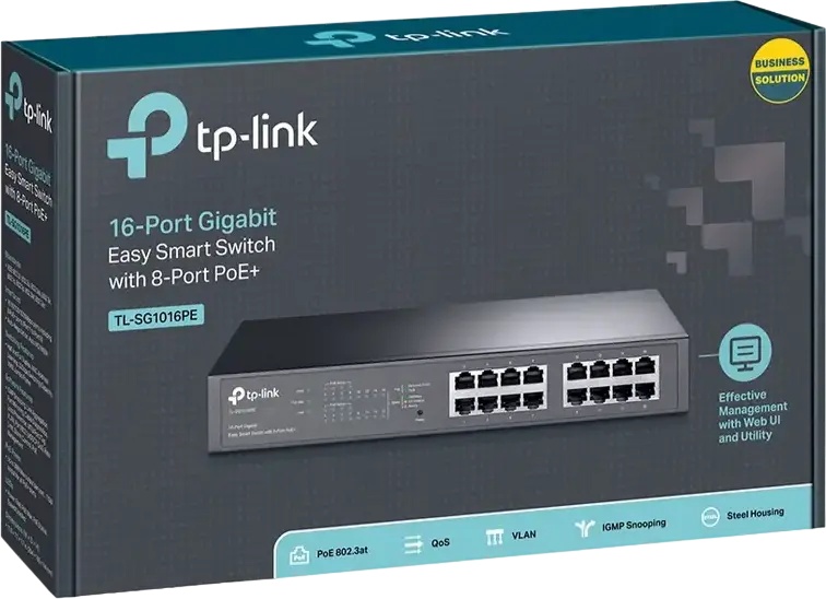 Коммутатор TP-Link TL-SG1016PE Easy Smart Gigabit 16 портов, 8 портов PoE+ бюджет 110 Вт, VLAN QoS IGMP Snooping, безвентиляторный металлический корпус