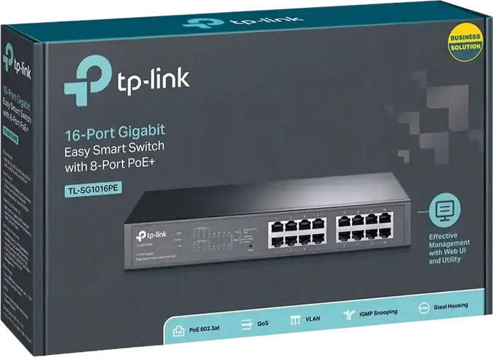 Коммутатор TP-Link TL-SG1016PE Easy Smart Gigabit 16 портов, 8 портов PoE+ бюджет 110 Вт, VLAN QoS IGMP Snooping, безвентиляторный металлический корпус