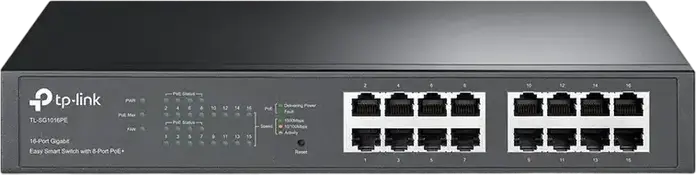 Коммутатор TP-Link TL-SG1016PE Easy Smart Gigabit 16 портов, 8 портов PoE+ бюджет 110 Вт, VLAN QoS IGMP Snooping, безвентиляторный металлический корпус