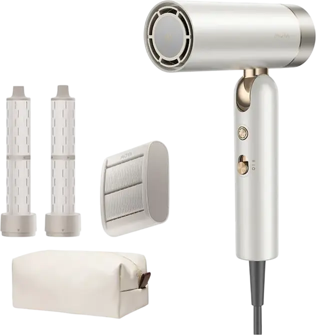 Uscător de păr pliabil Mova Flip 10 1400W, Motor viteză mare 110,000 RPM, 300 Milioane Ioni Negativi, 4 Regimuri Temperatură și 2 Moduri Flux Aer, Alb