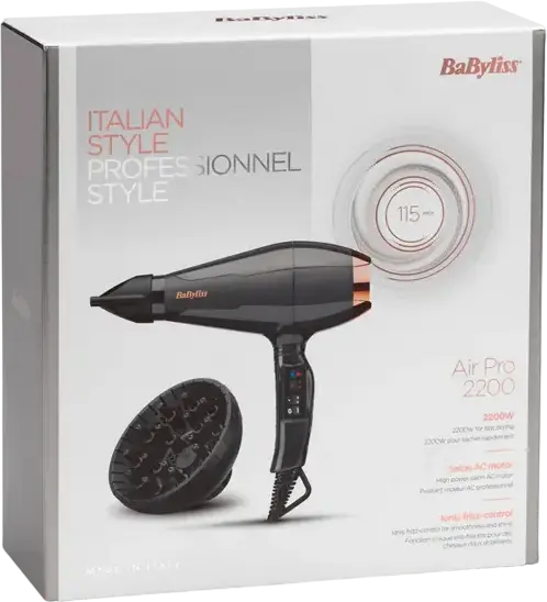 BaByliss 6719DE Air Pro Professional AC Hair Dryer 2200W, Ionic Anti-Frizz Technology, Ceramic Heating, Diffuser and 2 Concentrator Nozzles, Black