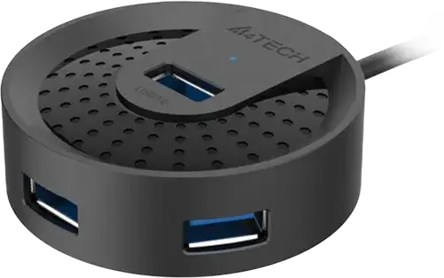 Hub USB 3.0 A4Tech HUB-30, 4 Porturi, Viteza de Transfer 5120 Mbps, Cablu 100 cm, Alimentare Micro USB, Indicator LED, Negru, Forma Rotunda