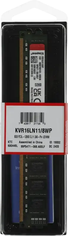 Kingston ValueRAM KVR16LN11/8WP 8GB DDR3L 1600MHz PC3L-12800 CL11 2Rx8 240-Pin DIMM 1.35V Desktop Memory