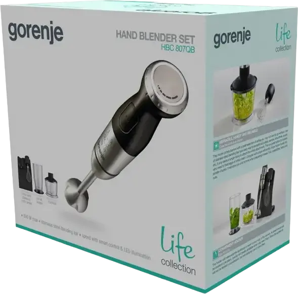 Mixer Vertical Gorenje HBC807QB Life Collection 800W, Picior Metalic, Bol 0.5L, Accesoriu Toator, Tel, Pahar Gradat, Indicator LED, Negru Argintiu