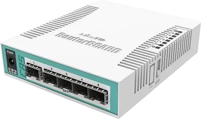 MikroTik CRS106-1C-5S Cloud Router Switch, 5x 1.25Gbps SFP Ports, 1x Gigabit Ethernet/SFP Combo, 128MB RAM, RouterOS Level 5, Passive Cooling, White