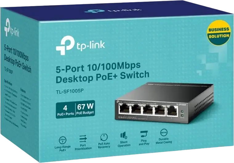 Switch PoE+ TP-Link TL-SF1005P Neadministrat, 5 Porturi 10/100 Mbps, Buget PoE 67W, Mod Extend pana la 250m, Carcasa Otel, Fara Ventilator