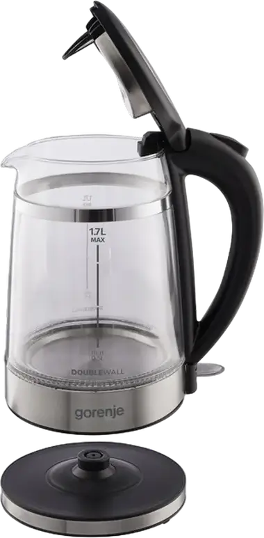 Электрический чайник Gorenje K17GDW, объем 1.7 л, мощность 2200 Вт, стекло и нержавеющая сталь, двойные стенки, контроллер Strix, черный