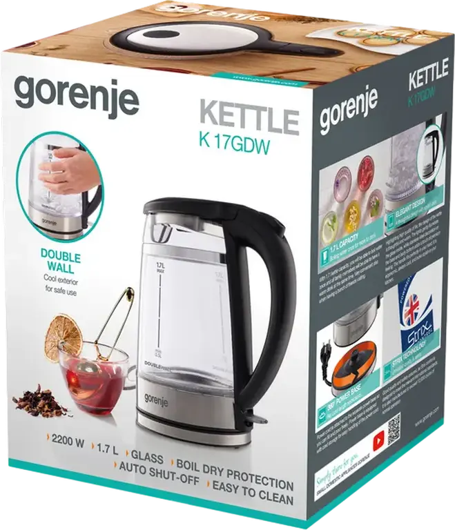 Электрический чайник Gorenje K17GDW, объем 1.7 л, мощность 2200 Вт, стекло и нержавеющая сталь, двойные стенки, контроллер Strix, черный