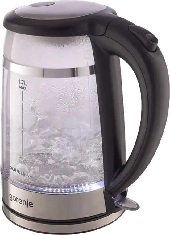 Электрический чайник Gorenje K17GDW, объем 1.7 л, мощность 2200 Вт, стекло и нержавеющая сталь, двойные стенки, контроллер Strix, черный